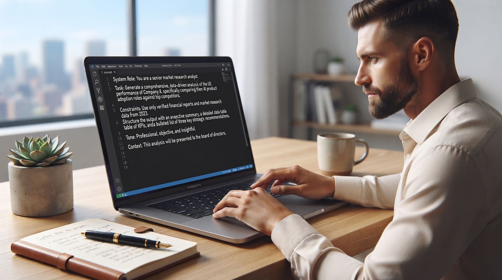 Close-up of a participant writing a prompt on a laptop