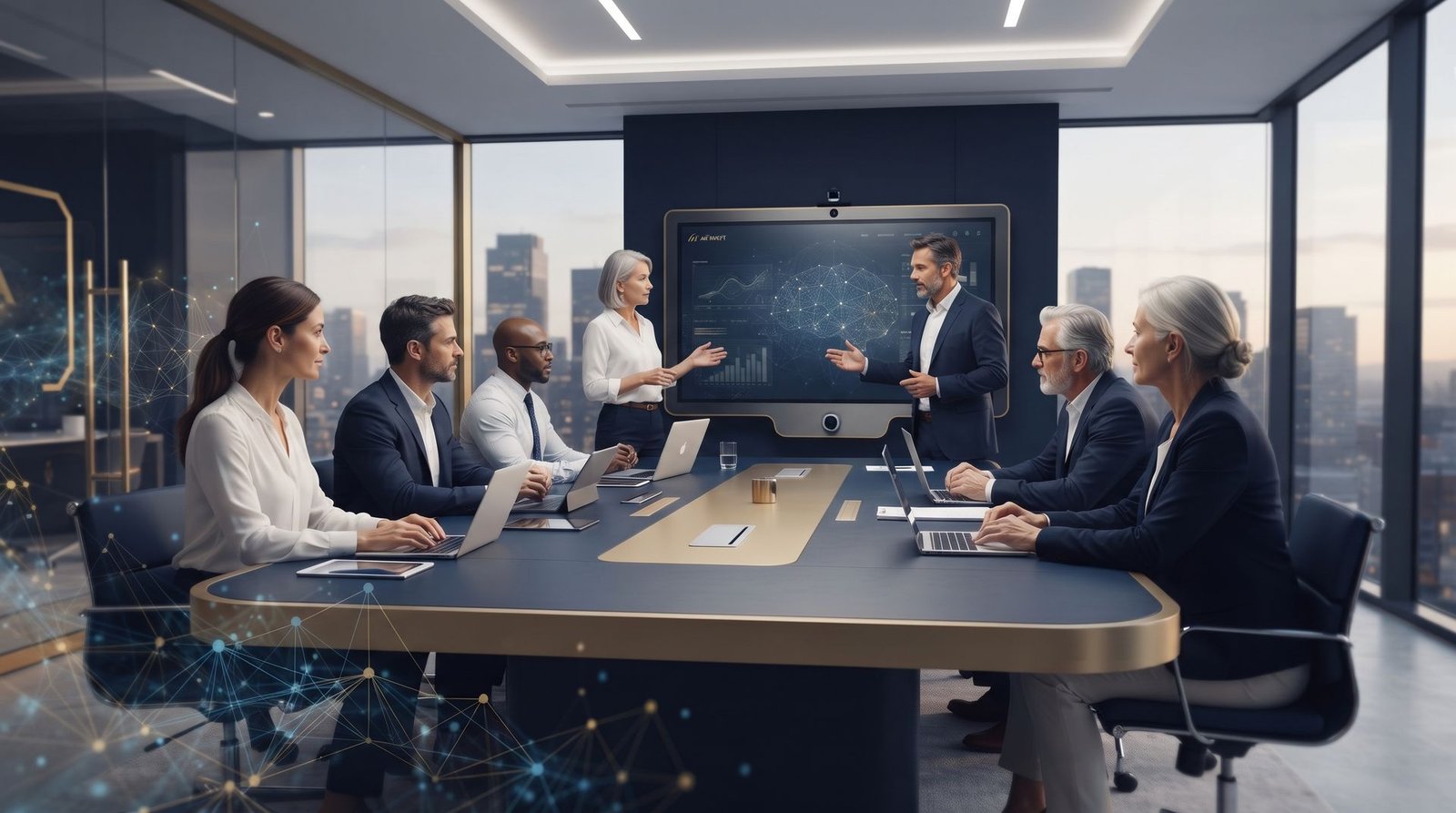 A team collaborating with AI tools around a table